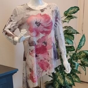 Floral Asymmetric Long Sleeve Women's Top - Pink/White/Grey